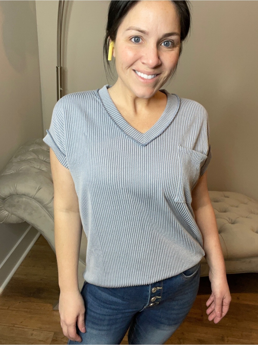 Medium Casual Ribbed V-Neck Top in Light Blue - Picture 2 of 6